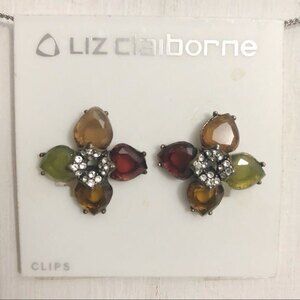 Liz Claiborne Rhinestone Flower Clip Ons NOC
